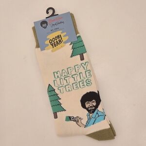 Bob Ross "Happy Little Trees" Mens Size M/L Crew Socks - Cream & Green
